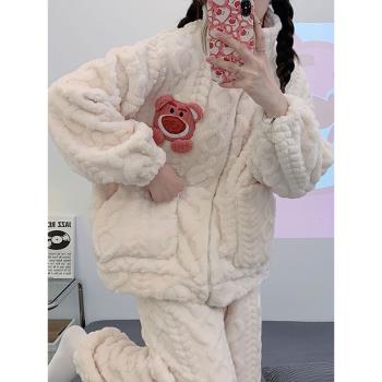 珊瑚絨睡衣冬季女款加絨加厚網紅風小熊拉鏈可外穿秋冬款家居服