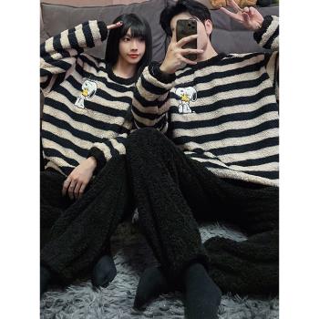 情侶睡衣冬款珊瑚絨男士小狗條紋加絨加厚女款秋冬季法蘭絨家居服