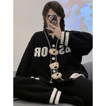 珊瑚絨睡衣女款冬季卡通公仔黑色秋冬款加絨加厚法蘭絨家居服套裝