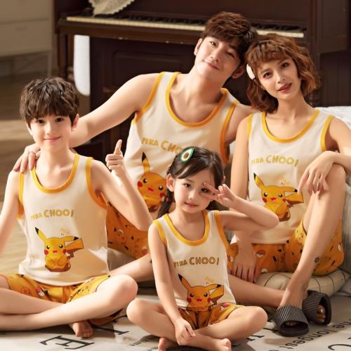 夏季一家三口親子睡衣男童短袖純棉夏天薄款母女裝背心女童家居服