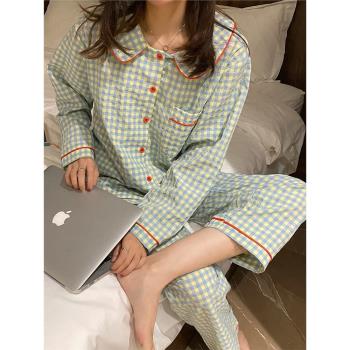 格子女純棉長袖長褲日系學生睡衣