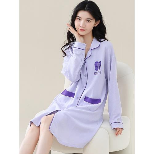 春秋性感純棉開衫睡裙女長袖大碼寬松家居服甜美可愛睡衣女冬全棉