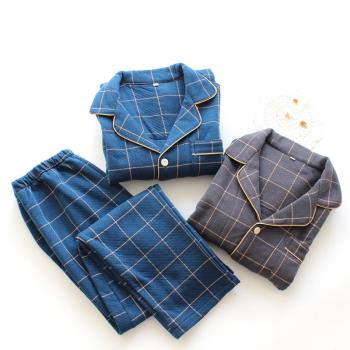 男秋冬加厚全棉格子家居服套裝