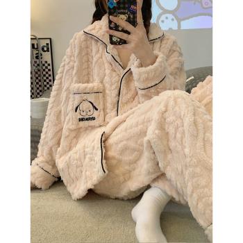 珊瑚絨睡衣冬季女款提花開衫網紅風秋冬款加絨加厚法蘭絨家居服