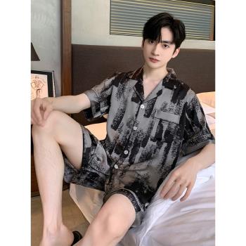 睡衣男士夏季薄款冰絲短袖青少年模擬絲綢大碼高檔奢華家居服套裝