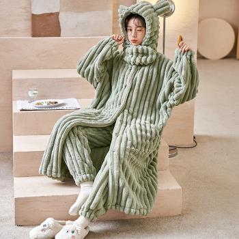 珊瑚絨睡衣女冬季長款連帽保暖條紋綠色秋冬款加絨加厚法蘭絨外套