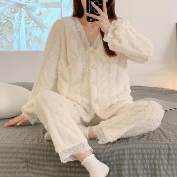公主風蕾絲花邊性感珊瑚絨睡衣女冬季加絨加厚秋冬款法蘭絨毛絨