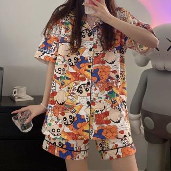蠟筆小新睡衣女夏季ins港風卡通可愛百搭寬松短袖開衫家居服套裝
