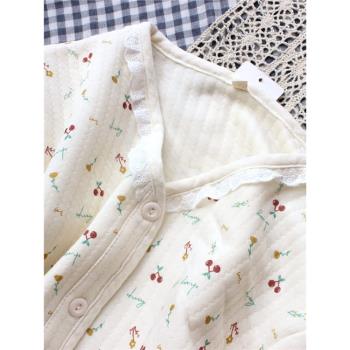 浪漫女睡衣冬季三層保暖甜美櫻桃花邊V領家居服秋冬加厚空氣蕾絲