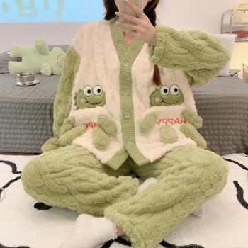 綠色卡通動物秋冬款法蘭絨睡衣
