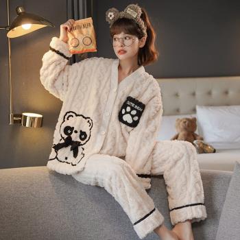 2024新款珊瑚絨睡衣女冬季加絨加厚卡通可愛法蘭絨家居服套裝