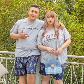 夏季甜美男女情侶純棉睡衣卡通大碼寬松短袖短褲家居服套裝200斤