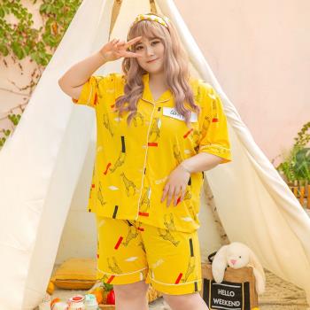 純棉睡衣女夏大碼韓版卡通開衫短袖短褲寬松家居服胖mm200斤套裝