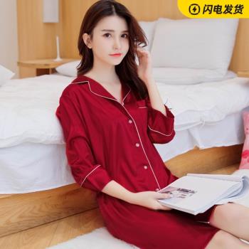模擬絲性感女士睡裙女睡衣夏季七分袖紅色結婚新婚冰絲襯衫裙夏天