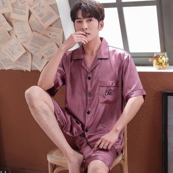 新款睡衣男夏季薄款冰絲綢男士短袖模擬絲綢緞家居服韓版夏天套裝
