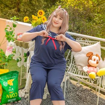 海軍風睡衣女夏大碼韓版甜美蝴蝶結加肥寬松家居服胖mm200斤套裝