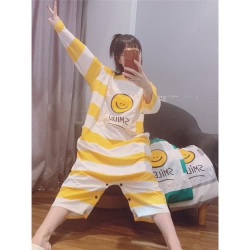 笑臉條紋連體睡衣女春秋純棉長款寬松甜美睡裙大碼孕婦長袖家居服
