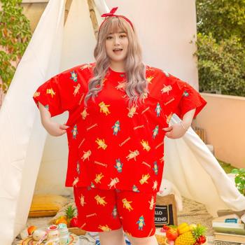 夏季韓版紅色加肥加大短袖薄款女士睡衣韓版可愛胖mm200斤家居服