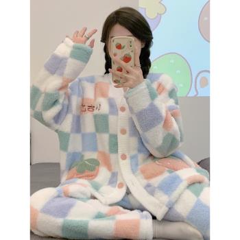 睡衣女2022年新款秋冬季大碼珊瑚絨毛絨加厚套裝法蘭絨家居服草莓