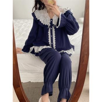 甜美荷葉花邊純棉長袖長褲睡衣女秋冬季韓國宮廷風蕾絲家居服套裝