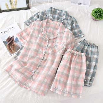 男女夏季短袖短褲純棉家居服套裝 全棉雙層紗布格子睡衣睡褲情侶