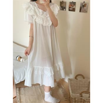 韓國夏季新款甜美公主風荷葉花邊純棉短袖睡裙女可愛少女寬松睡衣