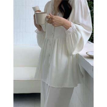 韓國女貴婦花邊V領仿絲綢睡衣