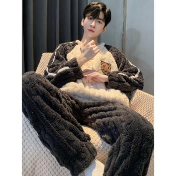 男保暖加厚冬天青少年法蘭絨睡衣
