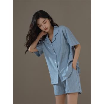 女純棉開衫翻領淺藍色高階感睡衣