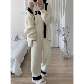 軟綿綿睡衣女三件套甜美小香風加絨加厚珊瑚絨吊帶外套保暖家居服