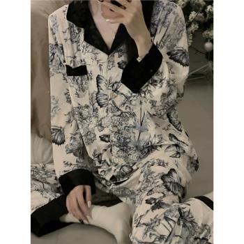 2023年新款睡衣女長袖秋冬季金絲絨高階感國風水墨法式家居服套裝