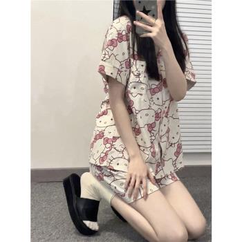 hellokitty凱蒂貓夏季女生卡通睡衣純棉短袖家居服可愛小翻領套裝