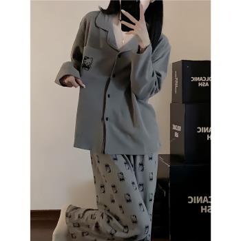 秋冬季灰色hellokitty貓睡衣女生長袖德絨保暖絲絨日系家居服套裝