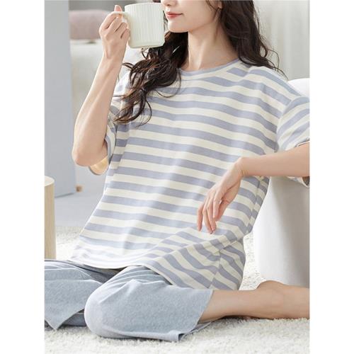 條紋睡衣女夏季純棉短袖七分褲兩件套裝夏天免穿內衣家居服帶胸墊
