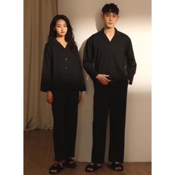 2023年新款情侶睡衣男女春秋款長袖純棉薄款深灰色全棉家居服套裝