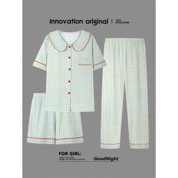 睡衣女士夏季純棉綠色格子可外穿家居服夏天短袖短褲長褲三件套裝