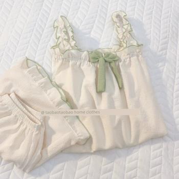 高階感純色吊帶睡衣女夏款兩件套薄款梭織棉麻夏季性感學生家居服