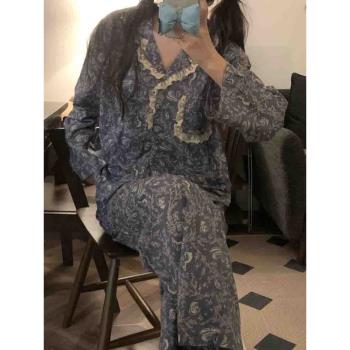 全棉女國風復古蕾絲花邊長袖睡衣