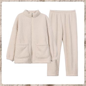 羊羔絨「加厚加絨」保暖睡衣女冬珊瑚絨春秋款拉鏈高領家居服套裝