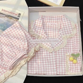 小花睡衣女夏季短袖純棉粉色格子開衫ins風網紅學生家居服兩件套