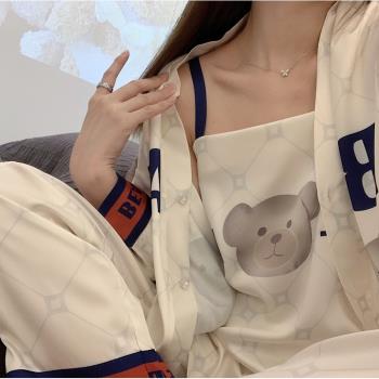 春秋夏季冰絲女可愛小熊吊帶睡衣