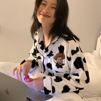 奶牛睡衣女生秋冬款珊瑚絨加厚保暖網紅爆款法蘭絨情侶冬季套裝男