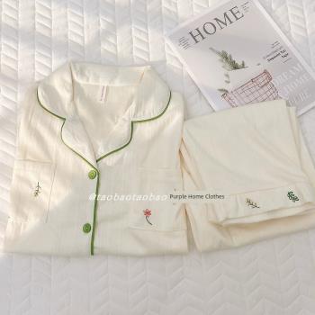 ins風刺繡純棉薄款套裝長袖睡衣