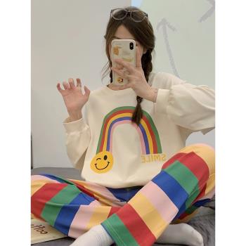 ins彩虹女甜美可愛條紋純棉睡衣