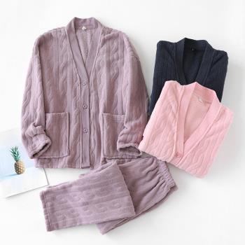 V領開衫情侶睡衣珊瑚絨女家居服兩件套裝男青中年秋冬季加絨加厚