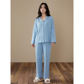 2023年新款睡衣女春秋款純棉長袖開衫翻領藍色條紋全棉家居服套裝