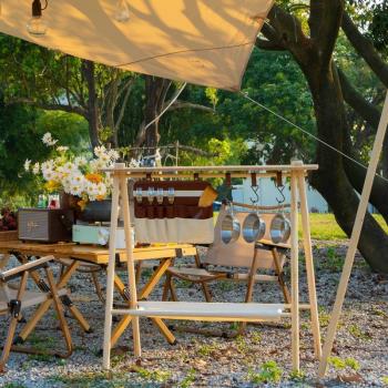 戶外多功能露營實木架可折疊便攜野餐木桌露營沙灘置物架三角架子