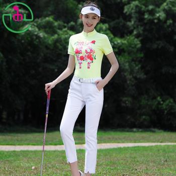 夏季新品MG高爾夫球衣服女套裝短袖黃色上衣運動休閑白色九分褲子