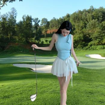 韓版高爾夫套裝女新款無袖短款上衣白色百褶短裙高爾夫千金套裝女