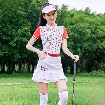 夏季新品MG高爾夫球衣服女套裝短袖印花上衣速干運動白色短裙褲子